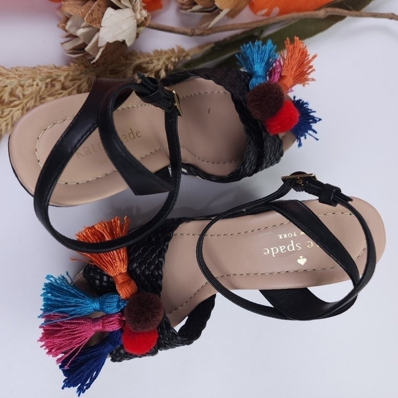 Kate Spade Black Woven Platform Sandal Wedges with Tassels Sz 6m - Picture 3 of 14